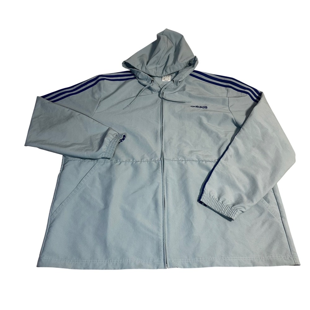 Adidas Light Blue Track Jacket Hooded Full Zip Men's 2XL 3 Stripe Sportswear